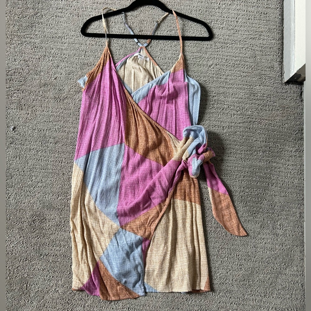 O'Neill Pink and Blue Geometric Wrap Mini Dress